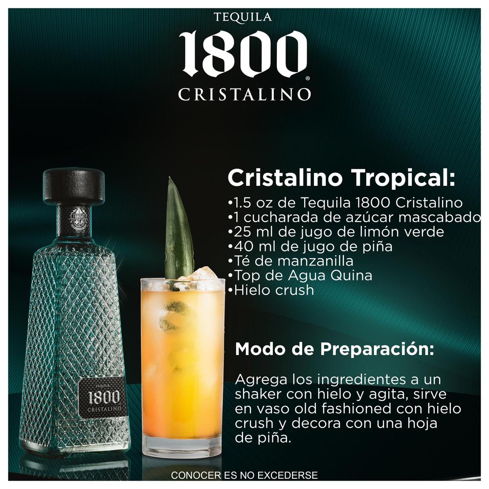 Ilustración donde se aprecia una botella de tequila 1800 Añejo Cristalino, se representan los reconocimientos que ha recibido y se detallan sus notas de cata. 

