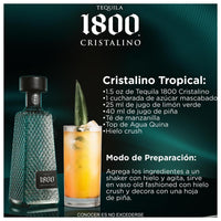  Ilustración donde se aprecia una botella de tequila 1800 Añejo Cristalino, se representan los reconocimientos que ha recibido y se detallan sus notas de cata. 

