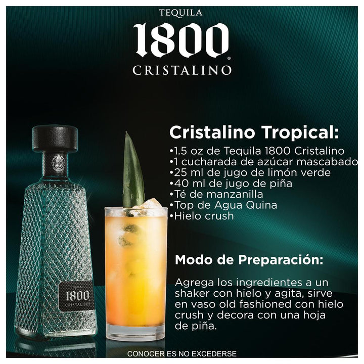  Ilustración donde se aprecia una botella de tequila 1800 Añejo Cristalino, se representan los reconocimientos que ha recibido y se detallan sus notas de cata. 

